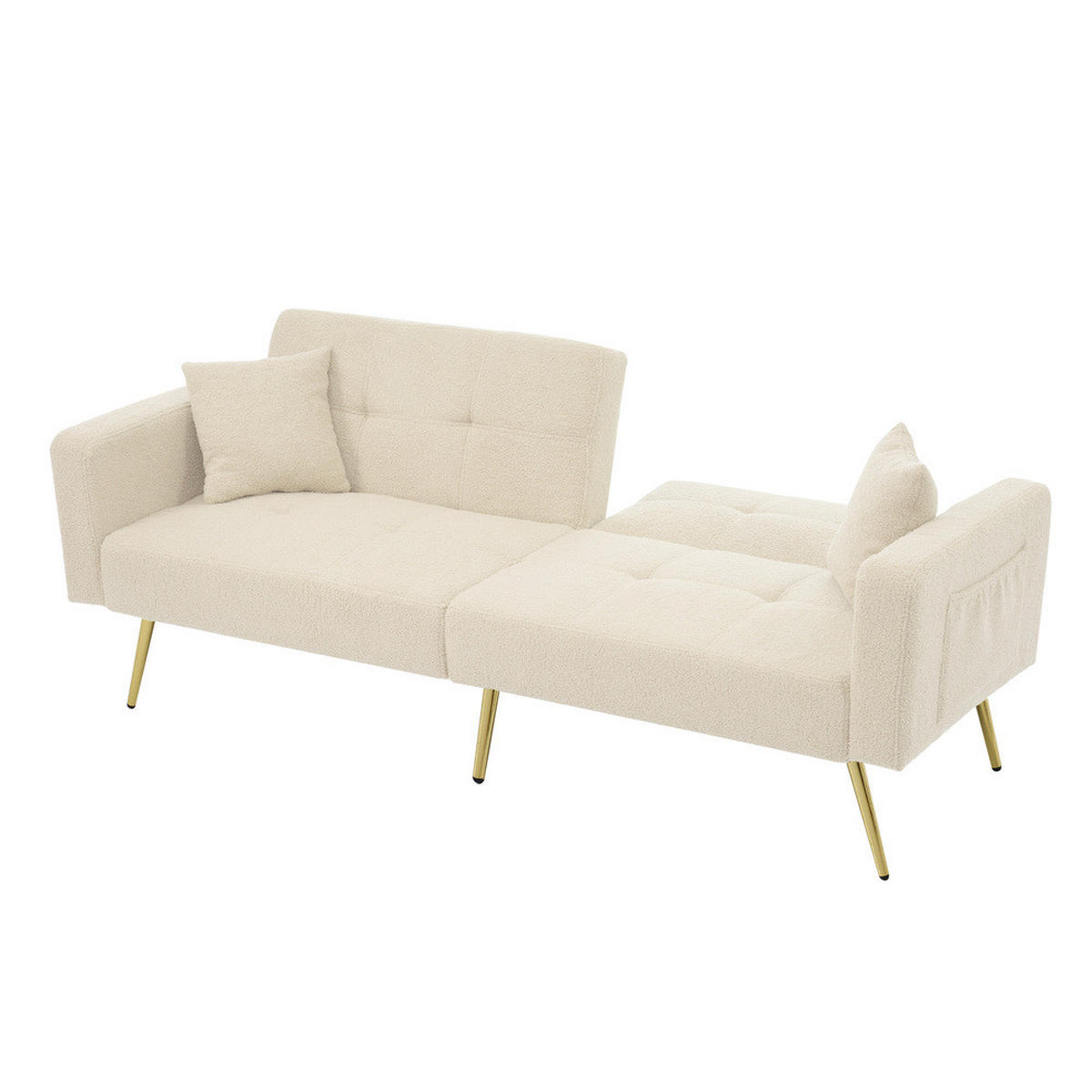 SOFA Schlaffunktion Verstellbar Goldene Beine Aufbewahrungstaschen Kissen - Beige, Holz (90.93/18.42/80.26cm) - FLIEKS