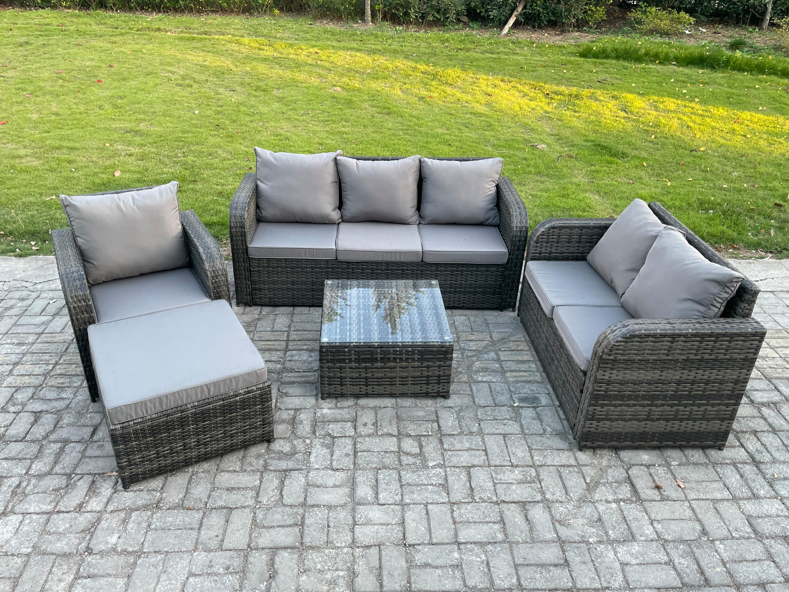 GARTENTISCHGRUPPE Polyrattan Dunkelgrau 5-teilige - Dunkelgrau/Grau, Glas/Kunststoff - Fimous