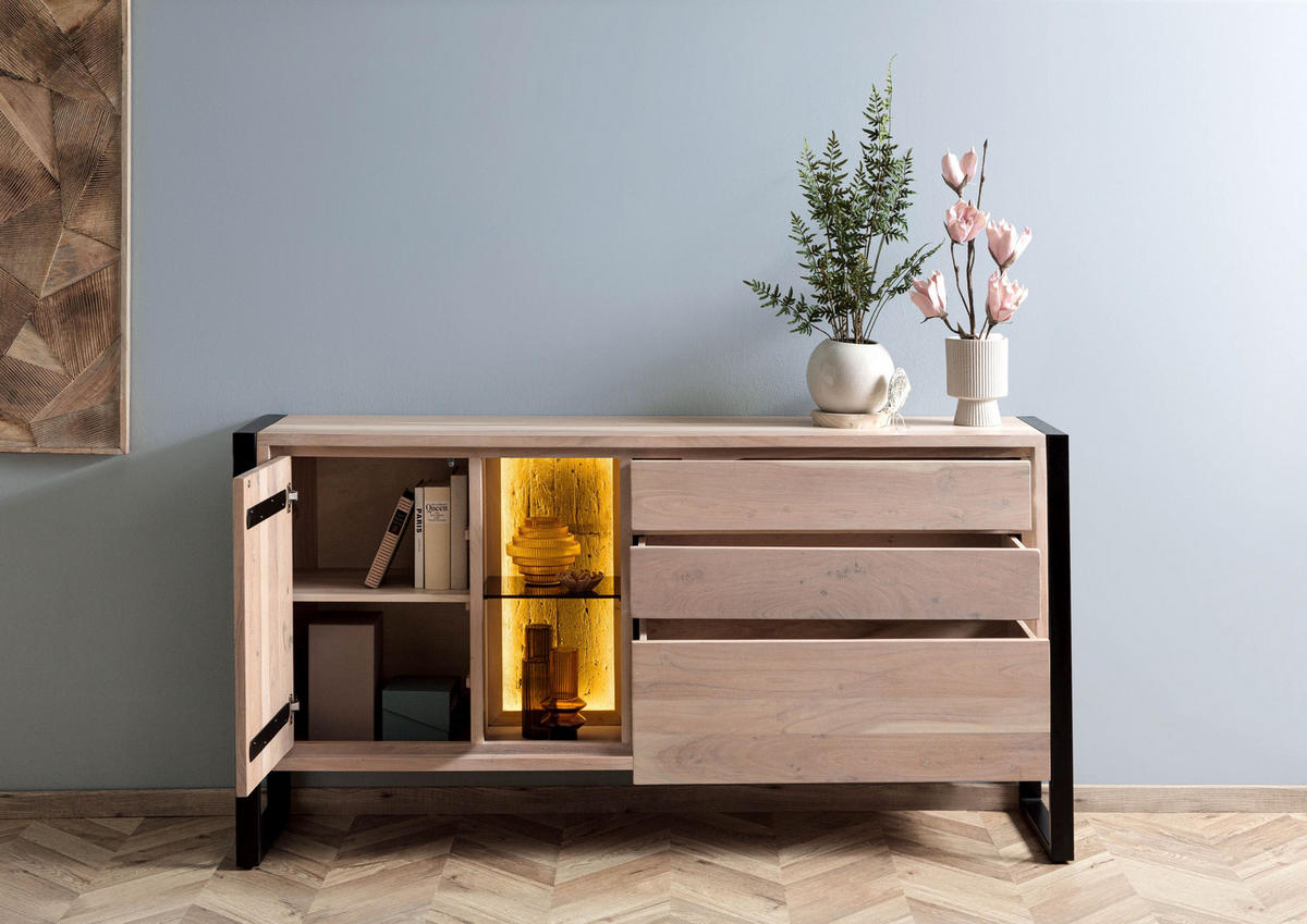 SIDEBOARD Akazie / Altholz 180x40x90 natur lackiert DENVER #111 - Braun, Holz (180/90/40cm) - Massivmoebel24