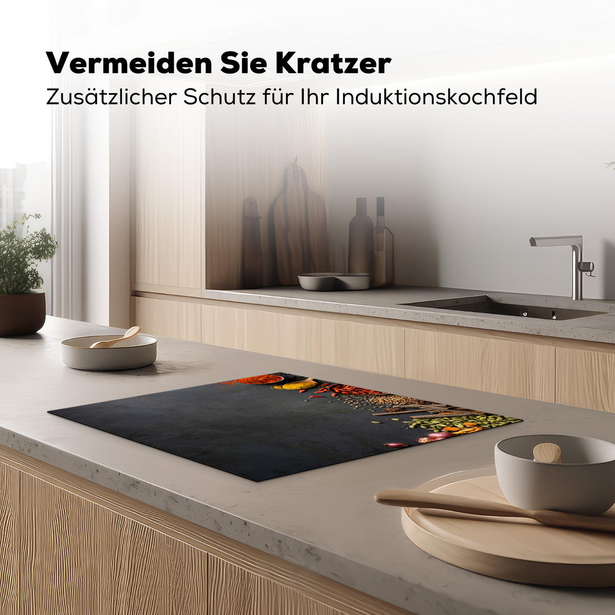 HERDABDECKPLATTE Kräuter - Lebensmittel - Gewürze - Schwarz - Paprika - Zimt Herdabdeckung Induktionsfeld 65x52 cm - Currygelb, Kunststoff (65/52/0.2cm) - MuchoWow