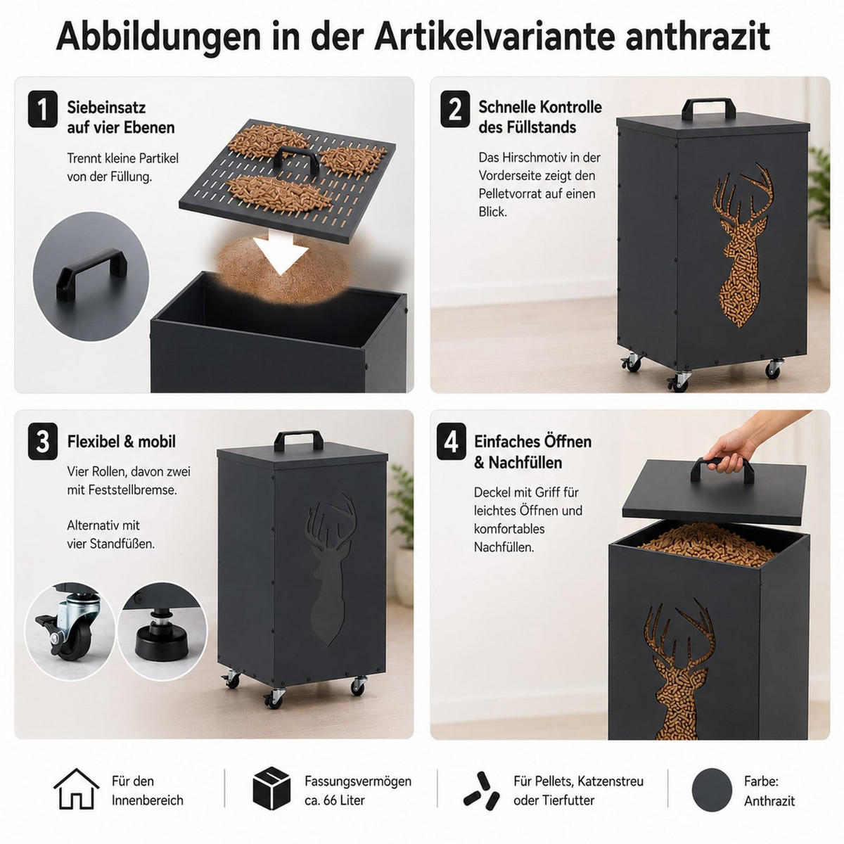 PELLETBEHÄLTER HIRSCH Hellgrau - Hellgrau, Metall (36/36cm) - MCW