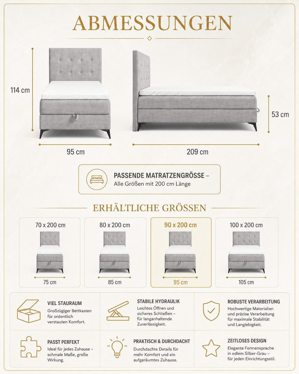 BOXBETT K15 Single SLIM mit Bettkasten & Bonell-Federkern inkl. Topper - Hellgrau, Holz/Textil (200/90cm) - Best For Home
