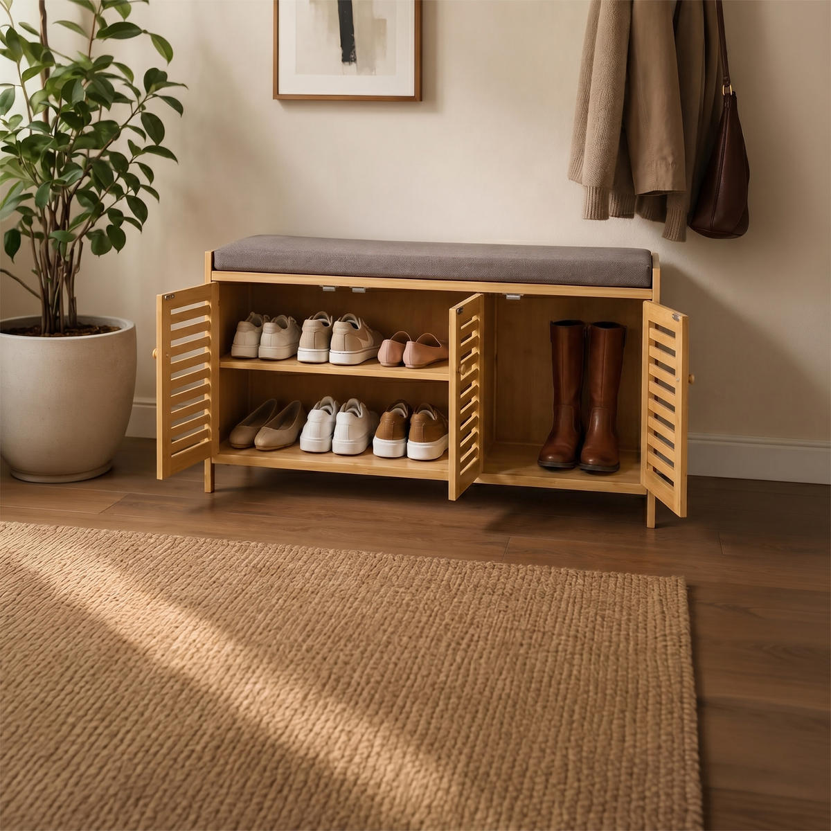 LAVICE Přírodní šedá bambus na boty polstrované sedadlo 50 cm - světle hnědá, dřevo/textil (90/50/35cm) - Relaxdays