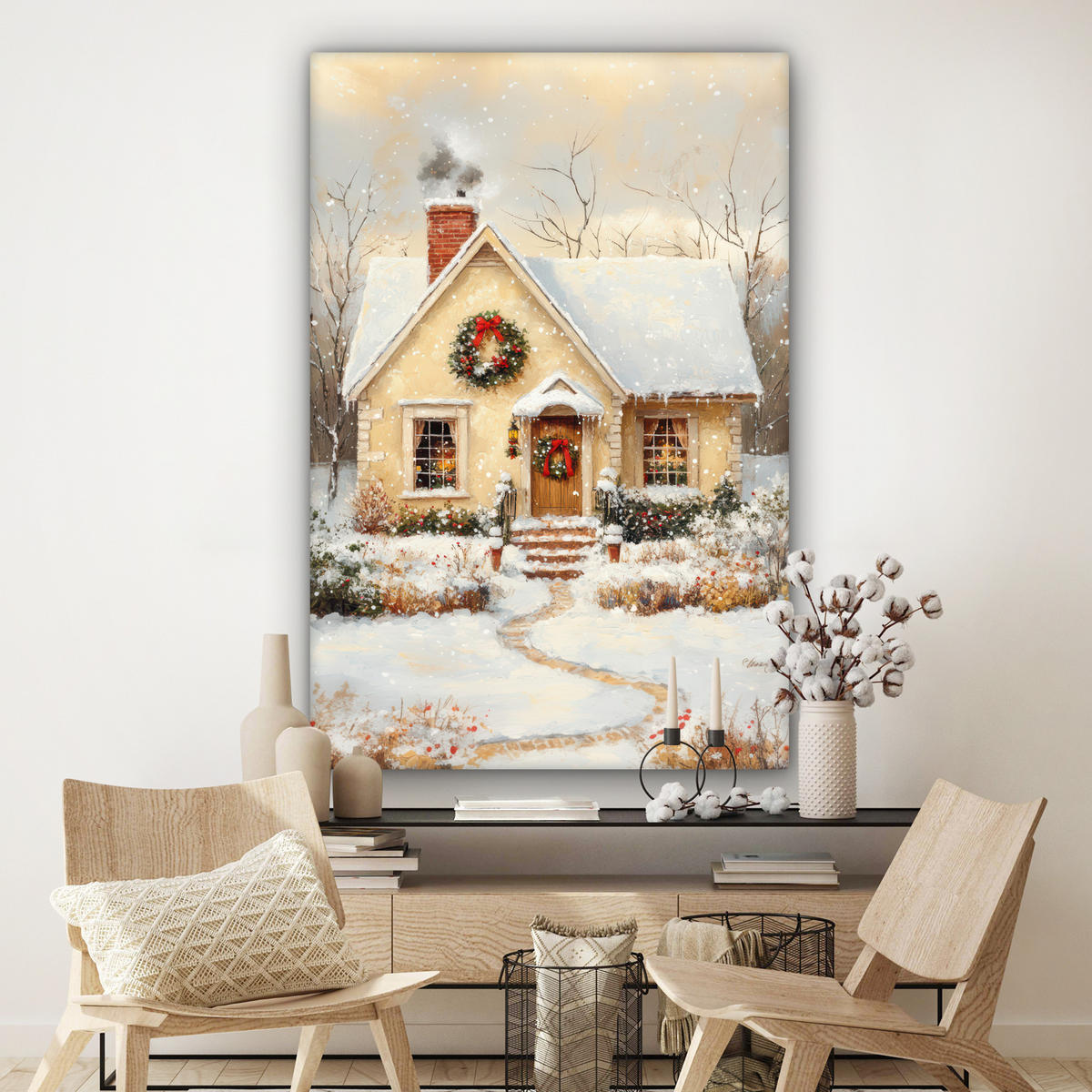 OBRAZ NA PLÁTNĚ Vánoce - Domov - Zima - Sníh 90x140 cm - krémová, textil (90/140cm) - MuchoWow