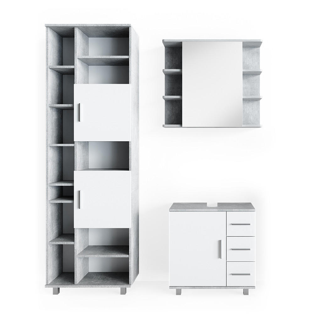 BADMÖBEL-SET Ilias Beton 3 Teile, mit Hochschrank - Weiß/Grau, Holzwerkstoff (60/60.8/33cm) - Vicco