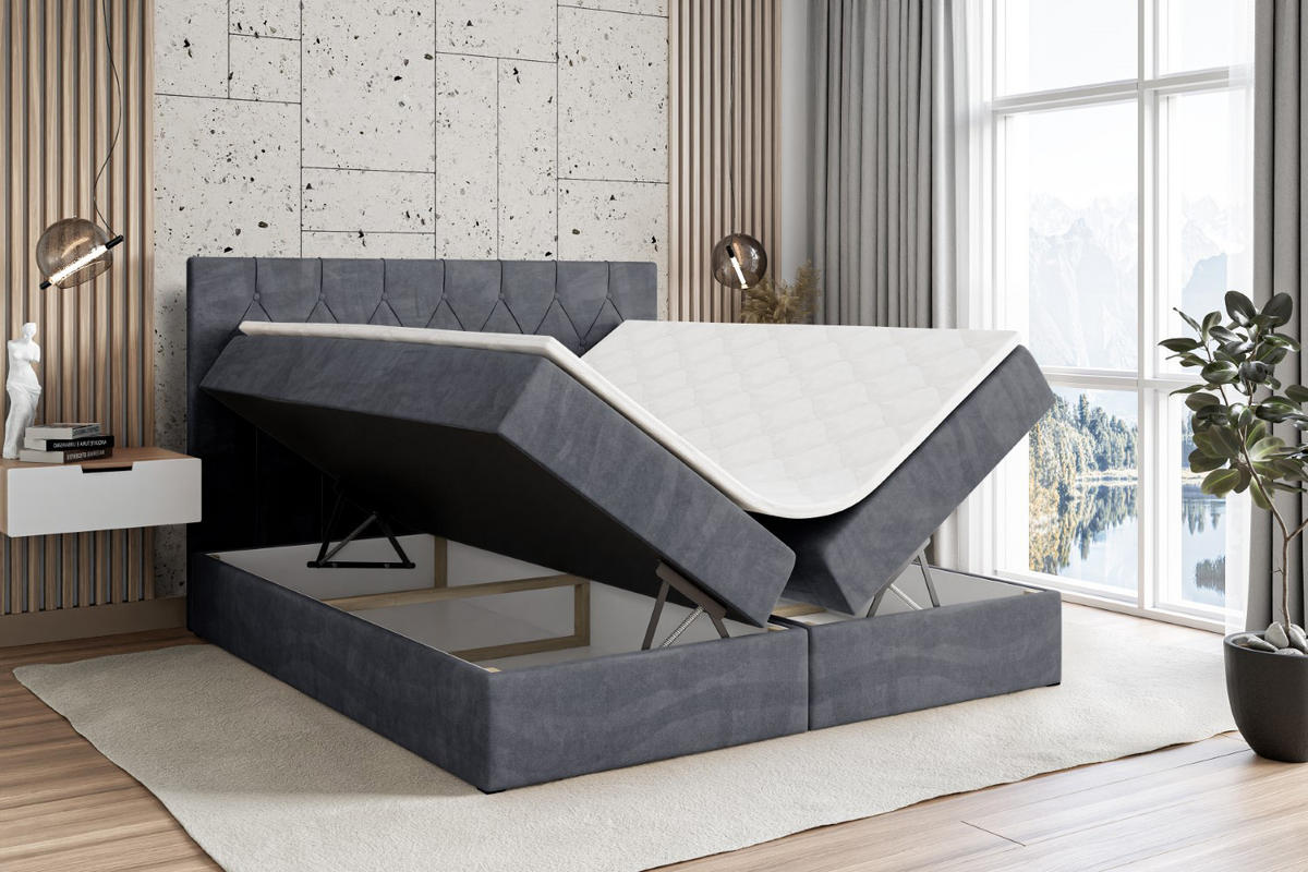 BOXBETT mit H4-Matratze und Lattenrost - VELANTO-BZ - 180x200 Schwarz Hochglanz - Dunkelgrau, Holzwerkstoff (180/200cm) - ALTDECOR