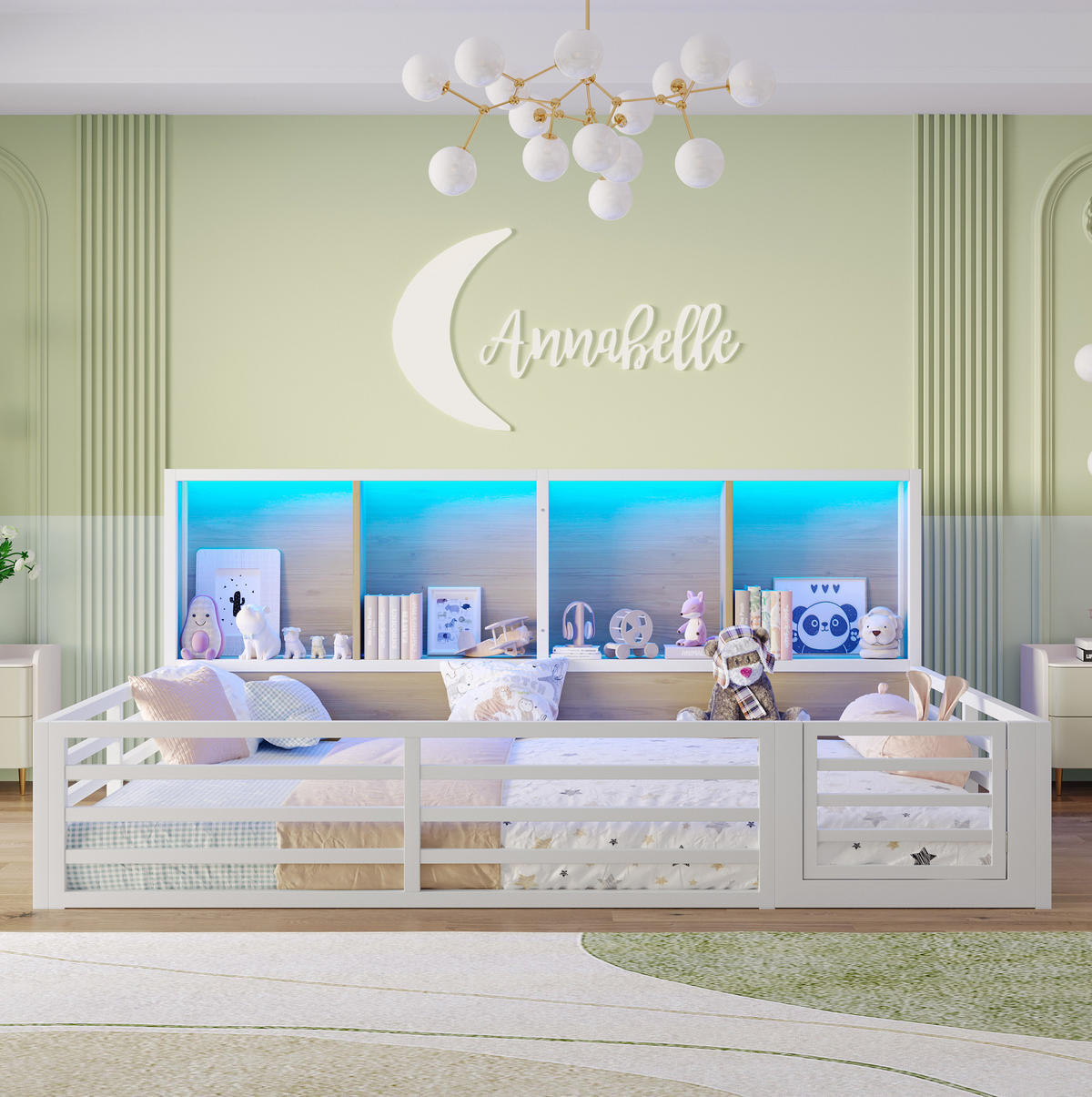 KINDERBETT 140/200 cm mit Lattenrost, Stauraum, öffnbarer Absturzsicherung und LED-Beleuchtung aus Metall und MDF, Weiß - Weiß, Holzwerkstoff (140/200cm) - Redom