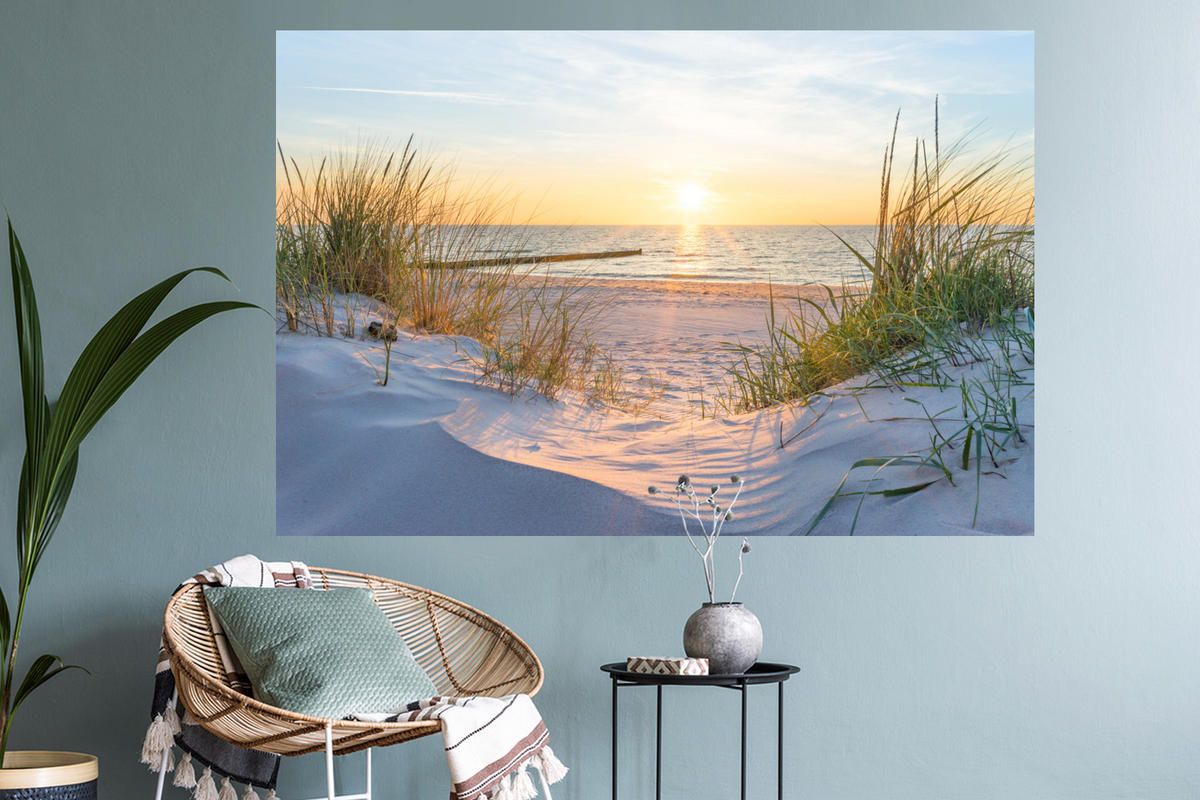 WANDTATTOO Strand - Sonne - Düne - Gras - Sand - Horizont 120x80 cm - Hellblau, Kunststoff (120/80/0.1cm) - MuchoWow