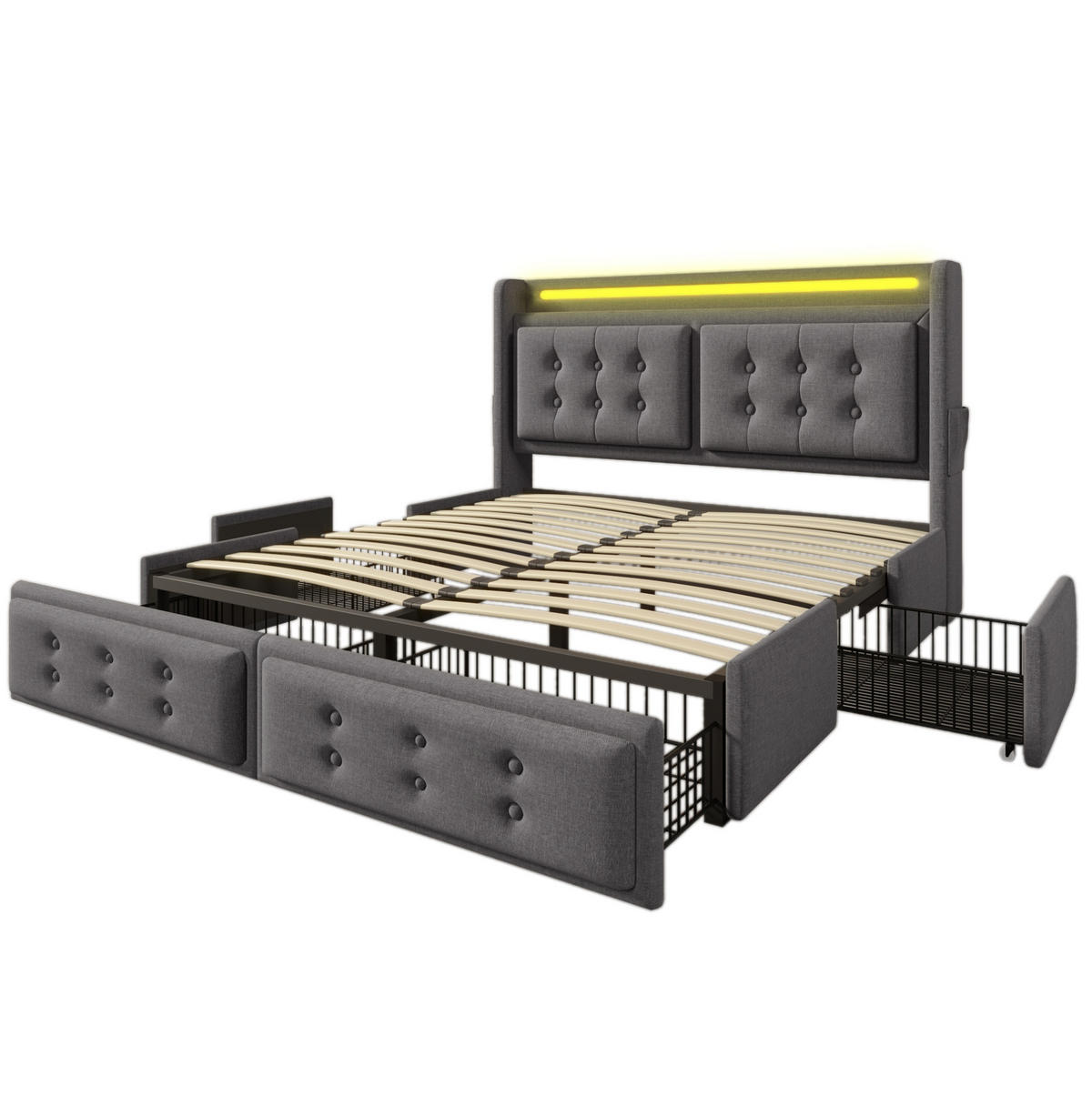 POLSTERBETT mit LED, USB und 4 Schubladen 160x200 cm Grau - Grau, Metall (160/200cm) - Meubliv