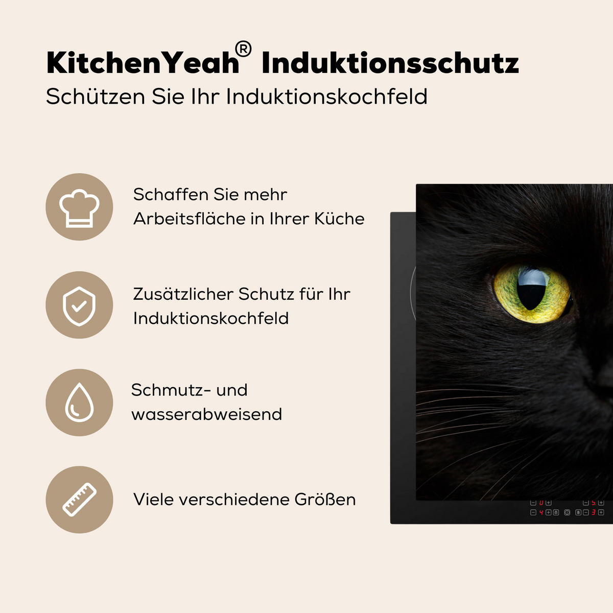 HERDABDECKPLATTE Katze - Augen - Gelb - Schwarz Induktionsmatte 77x59 cm - Schwarz, Kunststoff (77/59/0.2cm) - MuchoWow