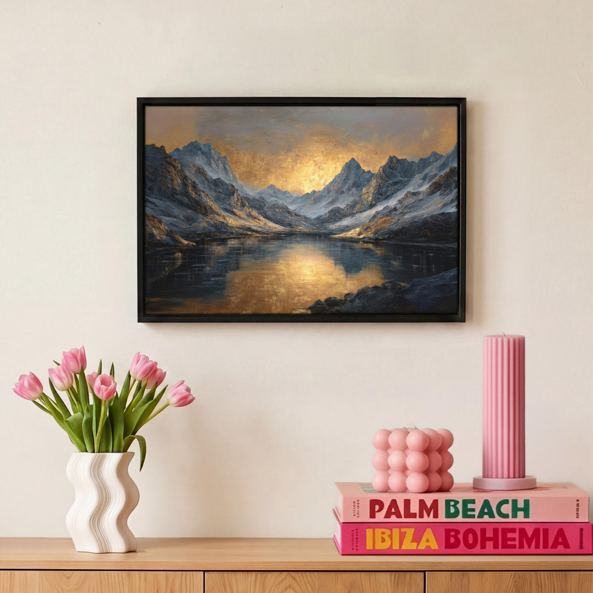 LEINWAND Bilder mit Rahmen - Bergkulisse mit goldenem Sonnenuntergang - 30x20 - Goldfarben, Textil (30/20cm) - MuchoWow
