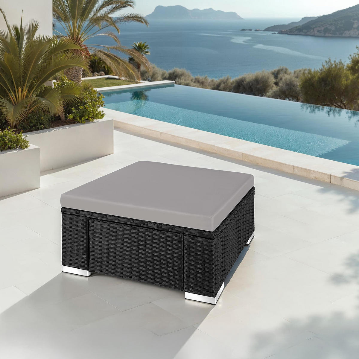 RATTAN-SITZHOCKER Bitonto,53 x 53 x 26 cm,schwarz/grau - Schwarz/Grau, Kunststoff (53/26/53cm) - tectake