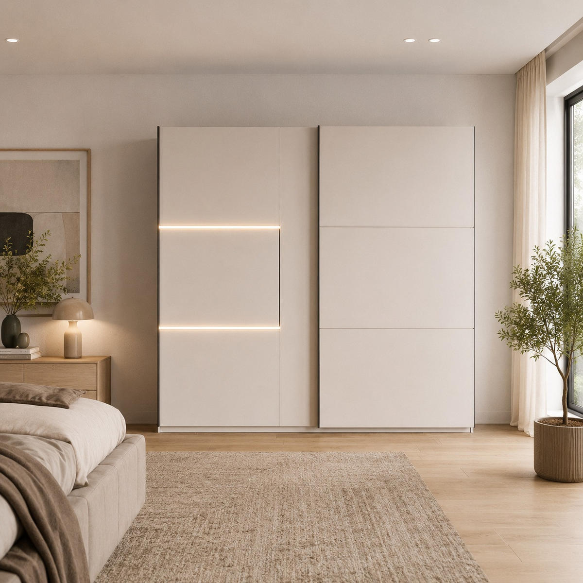 SKŘÍŇ S POSUVNÝMI DVEŘMI Travis s posuvnými dveřmi, 2 dveře a LED osvětlení, 250 cm, kašmír - kašmírová, kompozitní dřevo (250/215/65cm) - Beautysofa