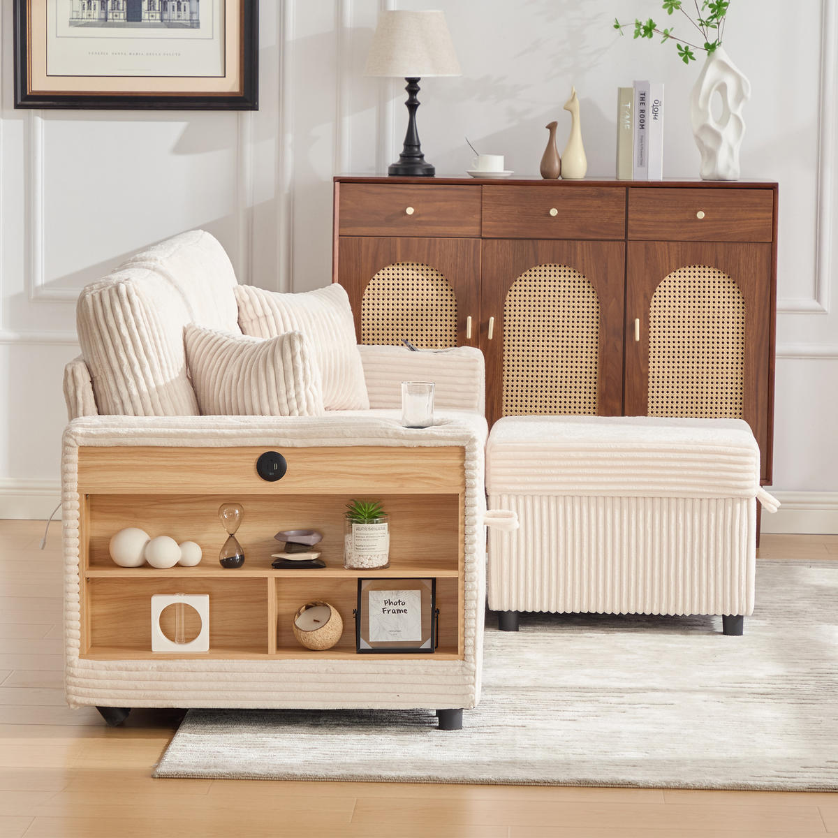 ECKSOFA mit Stauraumfunktion,Cordstoff,Beige - Beige, Textil (144/195cm) - KOMHTOM