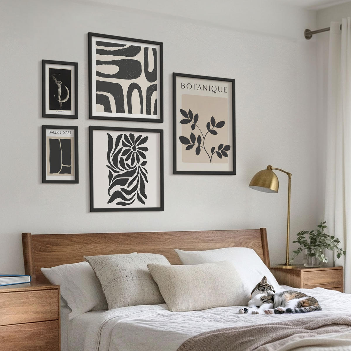 BILDER SET 5er Set - 50x50 cm & 20x30 cm & 40x60 cm Schwarzer Rahmen - Abstrakte Pflanzenmuster - Schwarz, Kunststoff (40/60cm) - TULUP