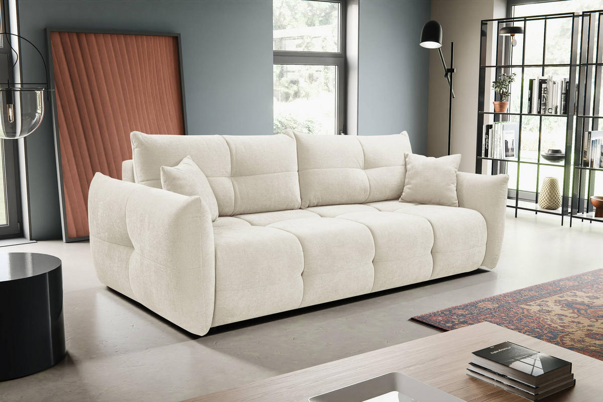BETTSOFA MODA Creme Chenille-Stoff mit Schlaffunktion - Creme, Holz (245/86/110cm) - MASSENO