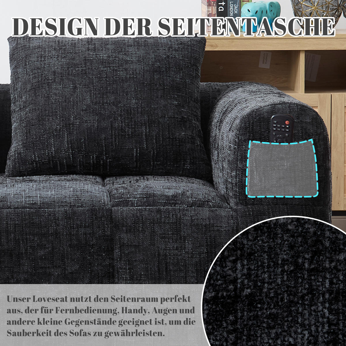 2-SITZER Sofa Chenille mit Chaiselongue und Seitentaschen 158/90/60 cm Schwarz - Schwarz, Textil (60/158/90cm) - Redom