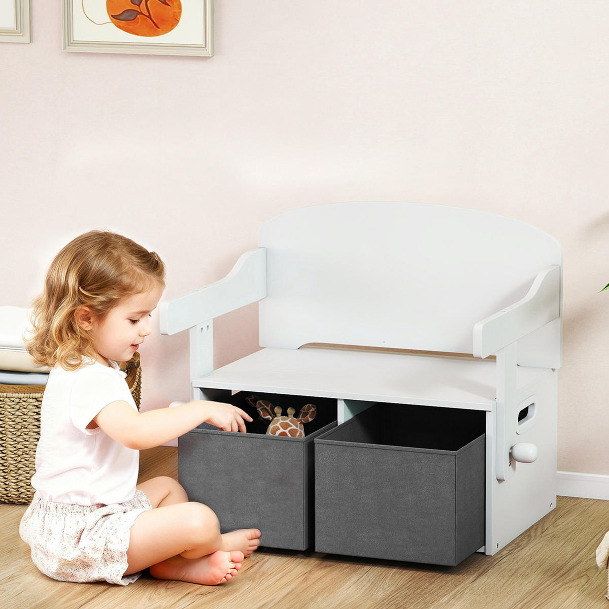 SPIELZEUGTRUHE DE-17273 3-in-1 mit Tisch, Stühlen & Stoffboxen Weiß - Weiß, Metall (46.5/67.6cm) - ComfortXL