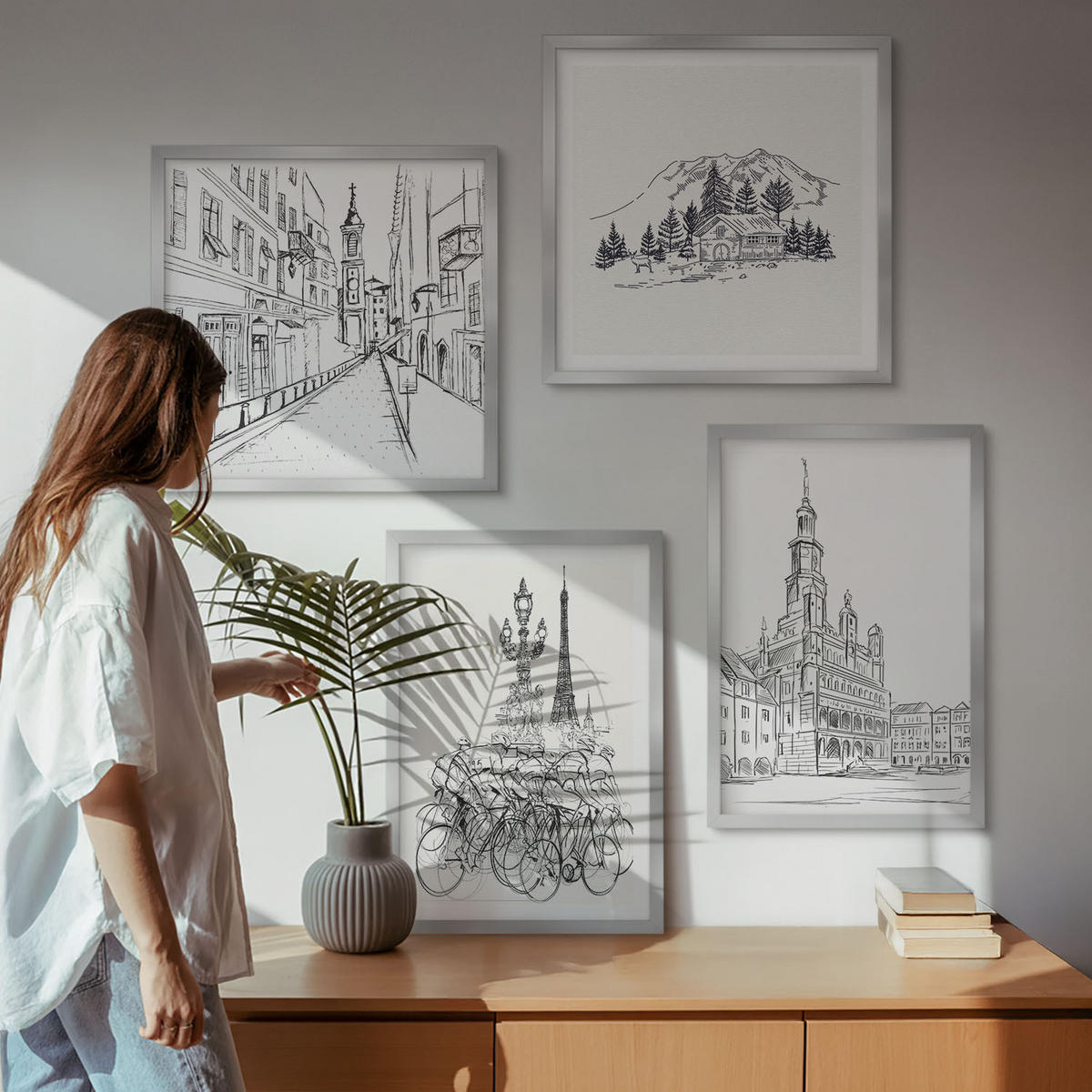 WANDBILDER 4er Set - 50x50 cm & 40x60 cm Silberner Rahmen - Einfache Zeichnungen von Stadtansichten - Silberfarben, Kunststoff (50/50cm) - ArtPrintCave