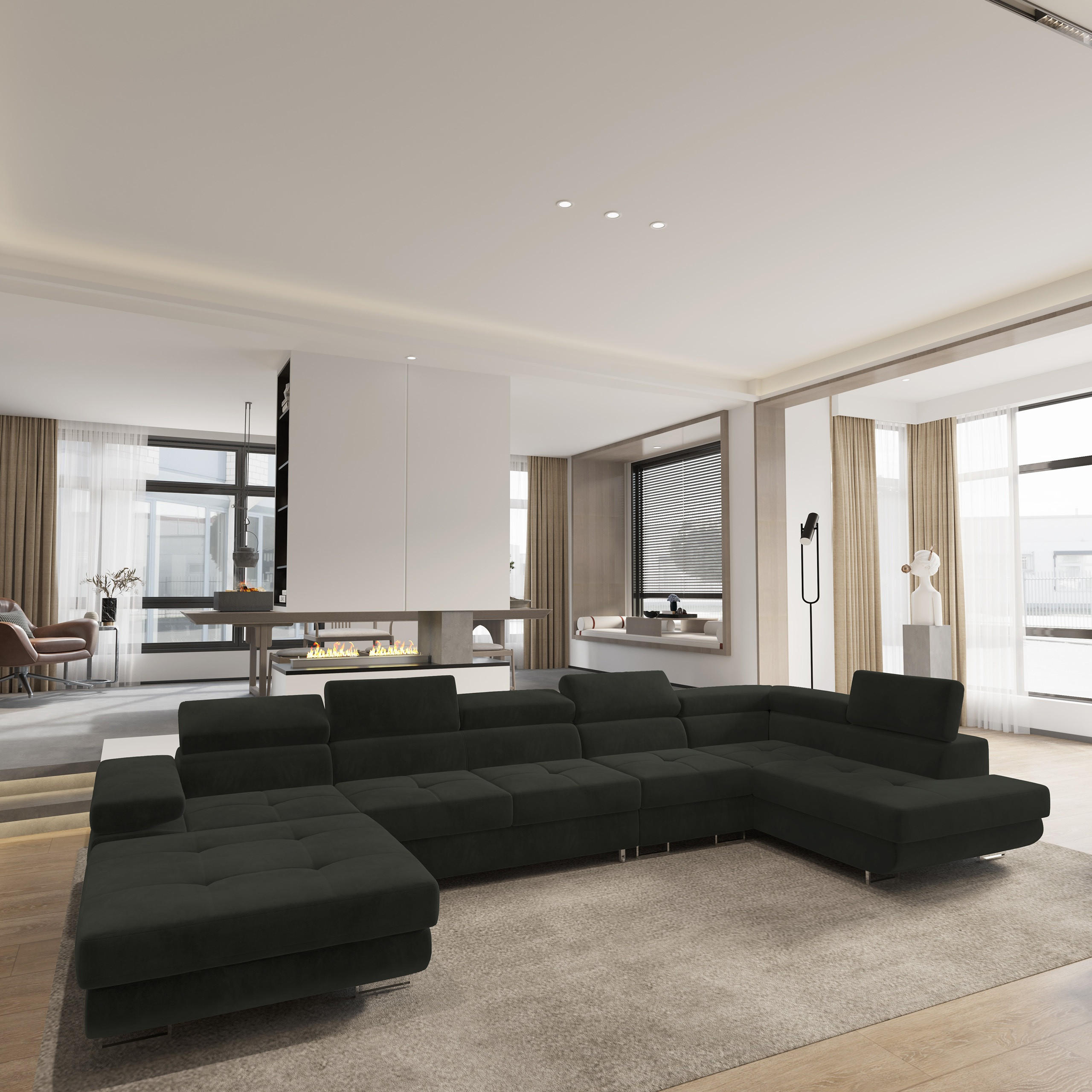 WOHNLANDSCHAFT VELORA R-S Schwarz Velours-Stoff mit Schlaffunktion - Schwarz, Holz (419/90/202cm) - MASSENO