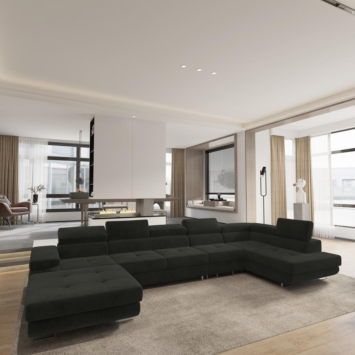 WOHNLANDSCHAFT VELORA R-S Schwarz Velours-Stoff mit Schlaffunktion - Schwarz, Holz (419/90/202cm) - MASSENO