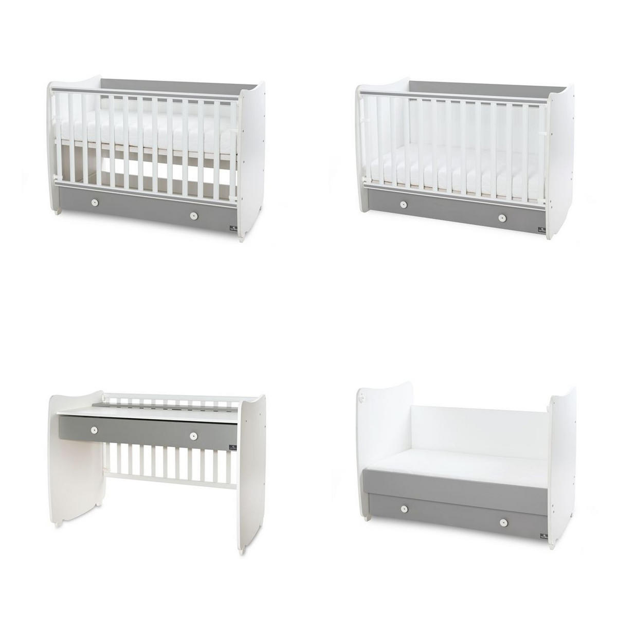 BABYBETT Dream NEW weiß dunkelgrau 140 x 70 cm, Schaukelbett, Schreibtisch, Schublade, Hubgitter - Grau, Holzwerkstoff (70/140cm) - Lorelli