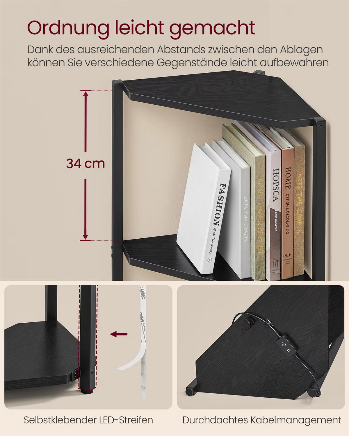 ECKREGAL 5 Ebenen Bücherregal mit LED-Beleuchtung - Schwarz, Metall (32/146.6/48cm) - Kaket