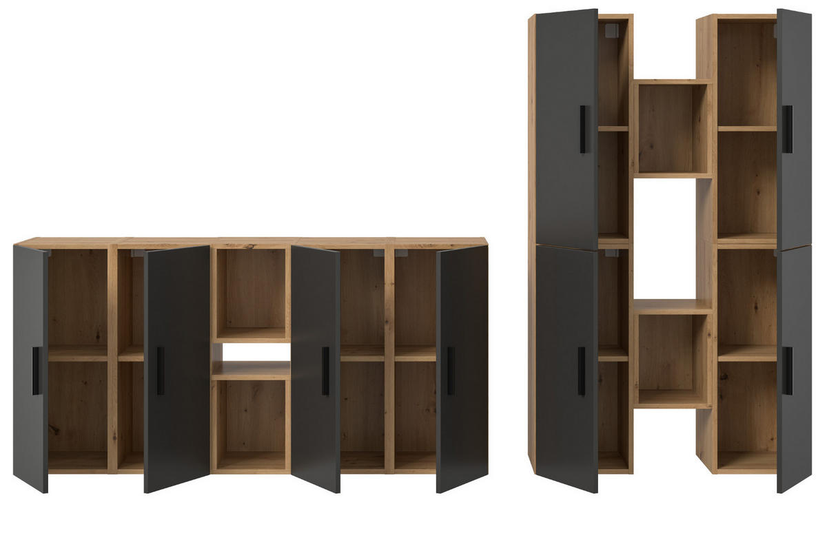 WOHNWAND grau, Eiche Artisan 259 x 184 cm, Wohnkombination hängend / stehend - Schwarz/Eiche Artisan, Holzwerkstoff/Kunststoff (259/151/34cm) - Inn.Furn