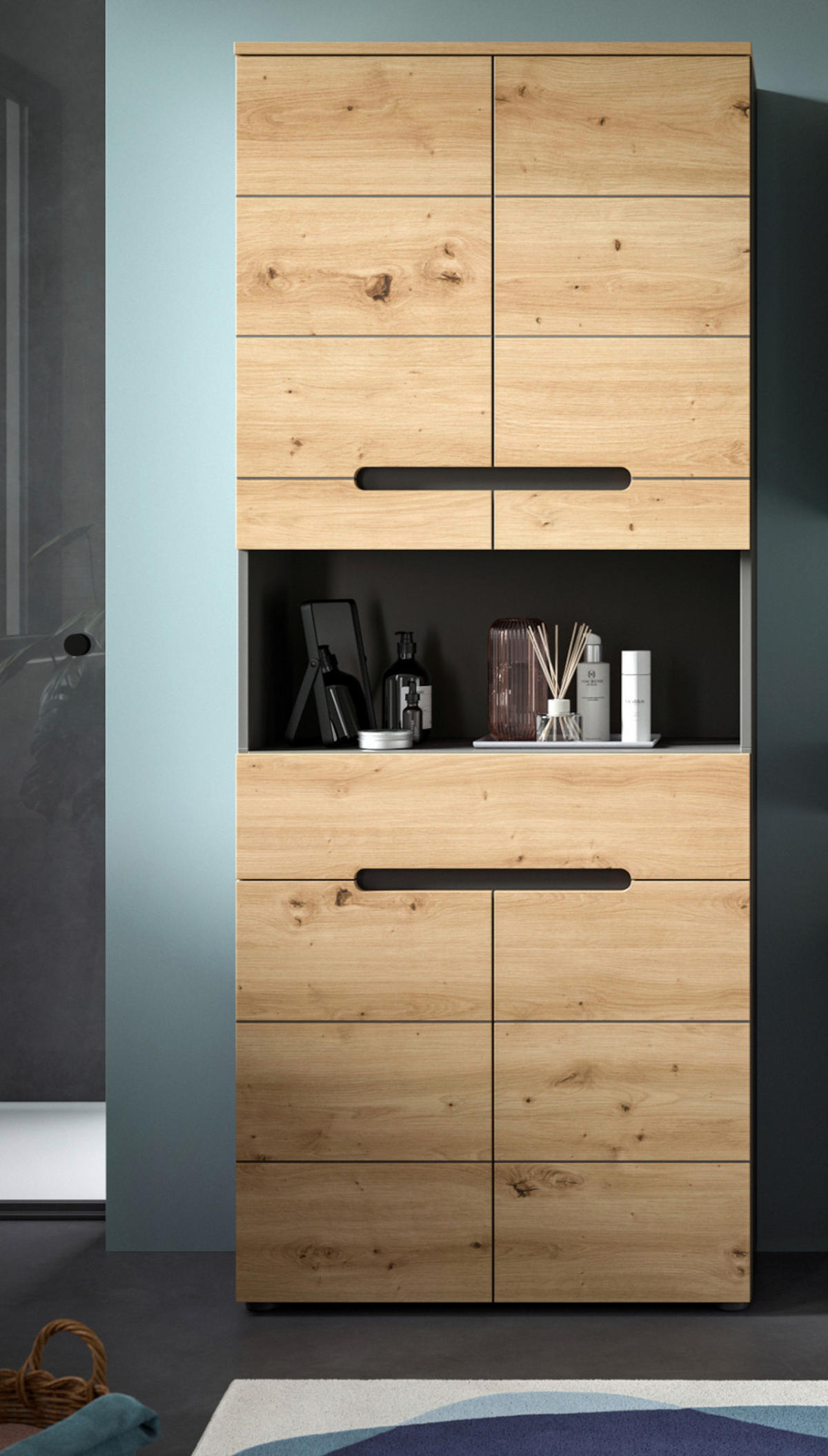 HOCHSCHRANK Eiche, grau 76 x 193 cm, Badschrank mit Soft-Close - Eiche Artisan/Grau, Holz/Holzwerkstoff (76/193/34cm) - Inn.Furn