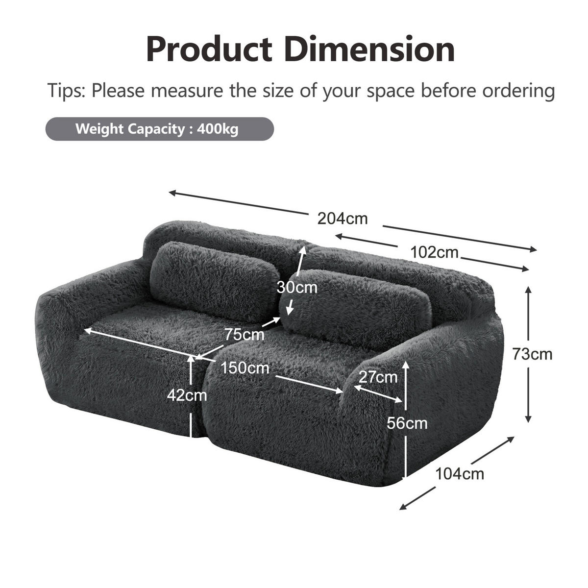 2-SITZER Sofa aus Plüsch mit modularem rahmenlosem Design Grau - Grau, Textil (104/73/204cm) - Modenvie