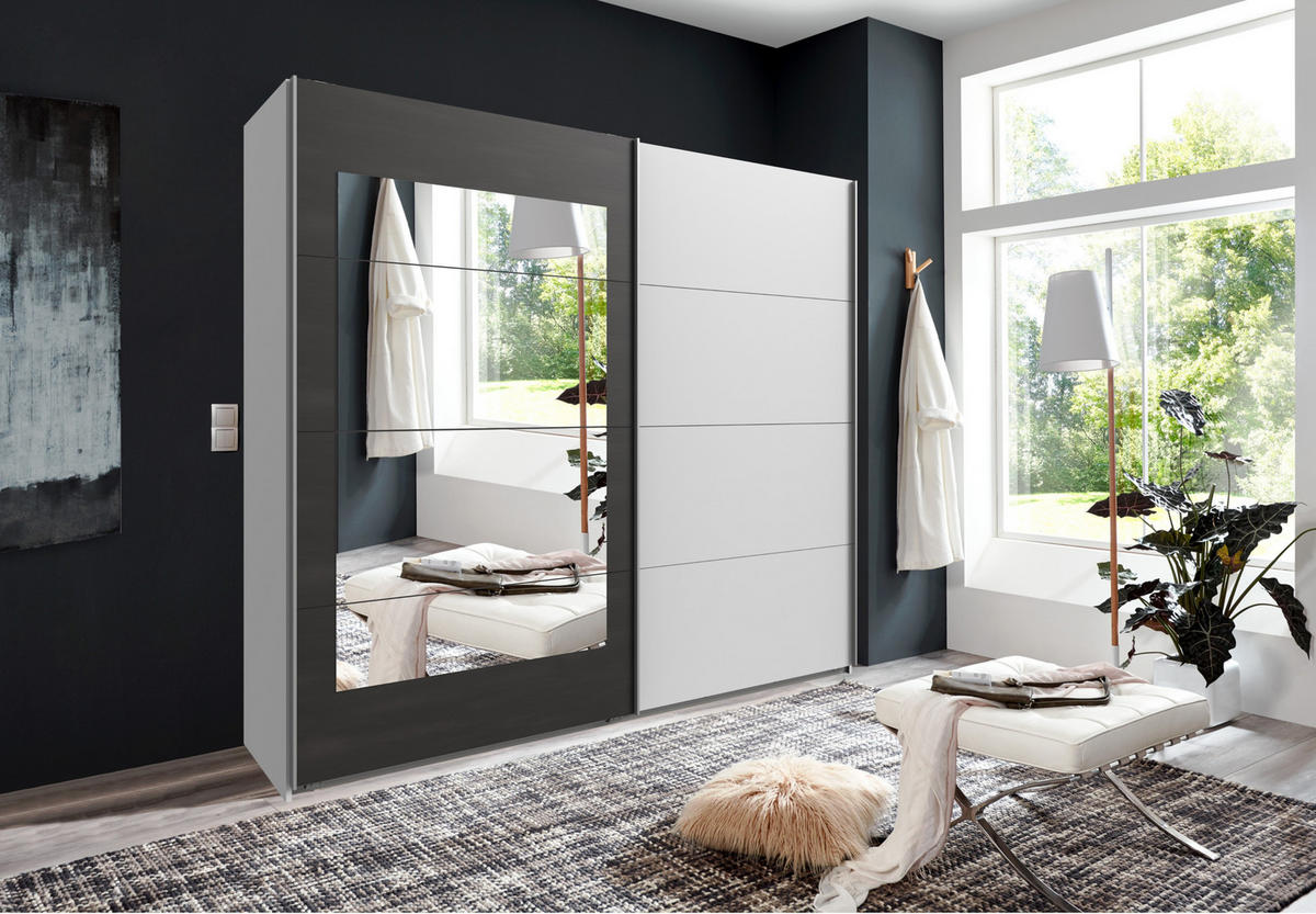 SCHWEBETÜRENSCHRANK 2-türig, Spiegeltür 225/208/65 cm Weiß mit Absetzungen in grauer Stahl-Optik / 22005 - Alufarben/Weiß, Holzwerkstoff/Metall (225/208/65cm) - luma-home