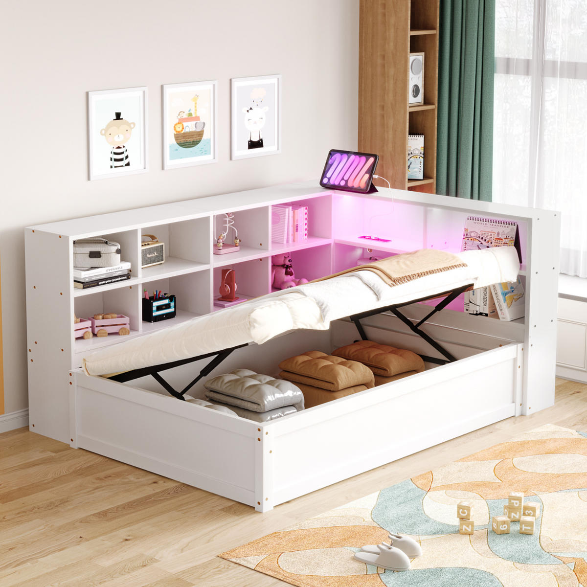 BETT mit hydraulischem Bett und Staufächern Weiß 90/200 cm - Weiß, Holz (90/200cm) - OKWISH