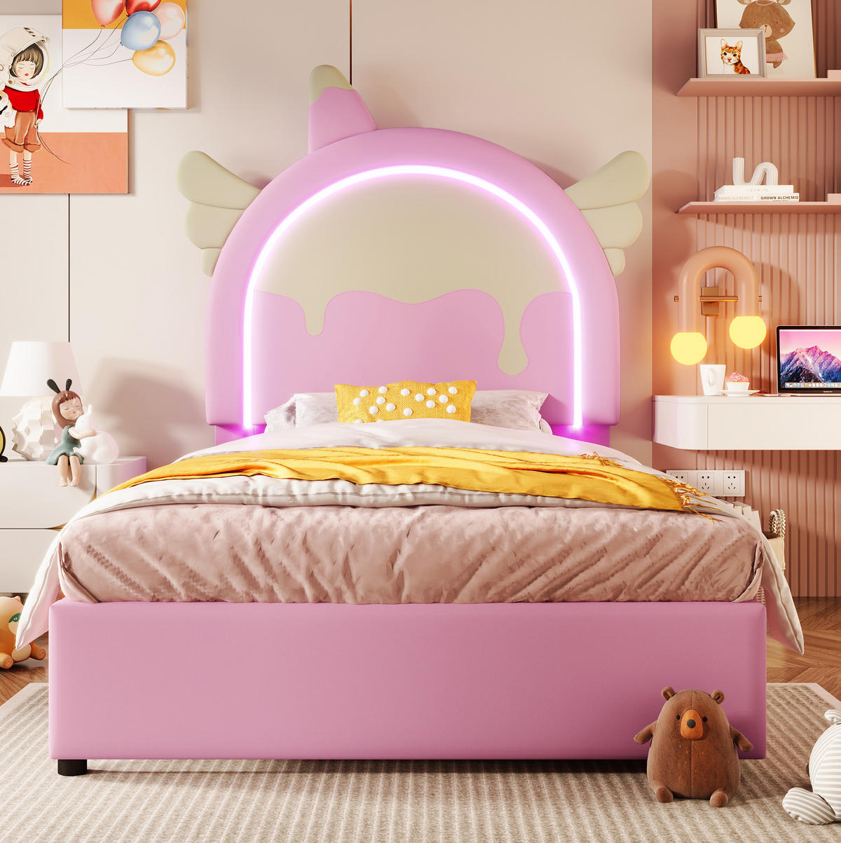 KINDEREINZELBETTEN aus Kunststoff 90x200 cm in Pink mit LED-Leiste & 2 Schubladen - Rosa, Kunststoff (90/200cm) - Modfu
