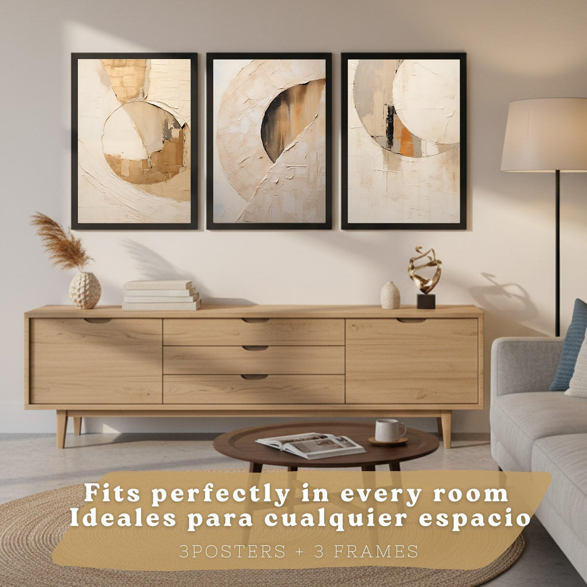 PLAKAT Sada 3 Abstrakt Béžová A3 Černý rám - černá, papír (29.7/1/42cm) - Nacnic