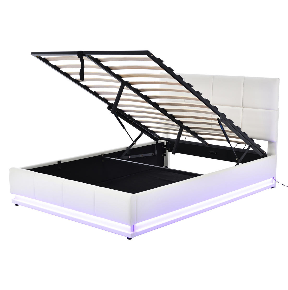 POLSTERBETT 140/200 cm Weiß mit LED-Beleuchtung und hydraulischem Bettkasten - Weiß, Textil (140/200cm) - OKWISH