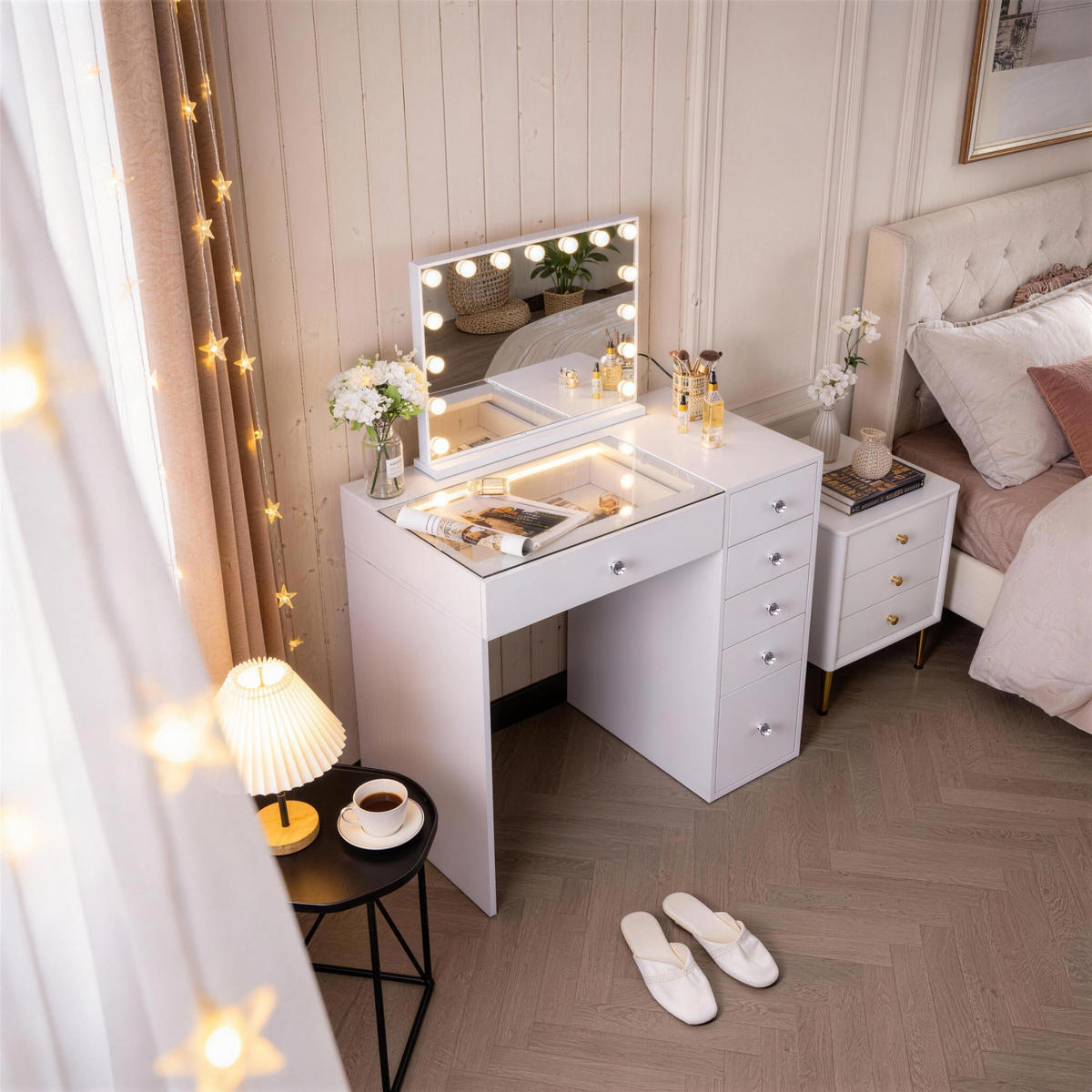 SCHMINKTISCH mit 6 Schubladen 92/55/81 CM und LED Beleuchtung Schminkspiegel 58 x 46 CM - Weiß, Holz (55/81/92cm) - VANITII