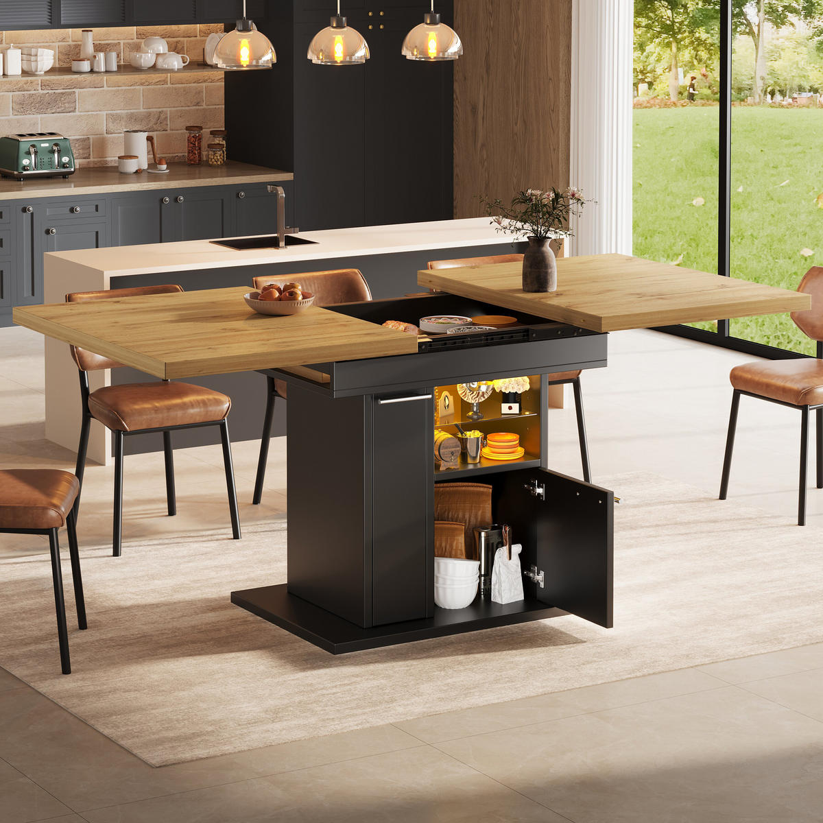ESSTISCH Ausziehbar Stauraum LED Glasablagen Modern 4 6 Personen - Schwarz, Holzwerkstoff (80/140/77.2cm) - FLIEKS