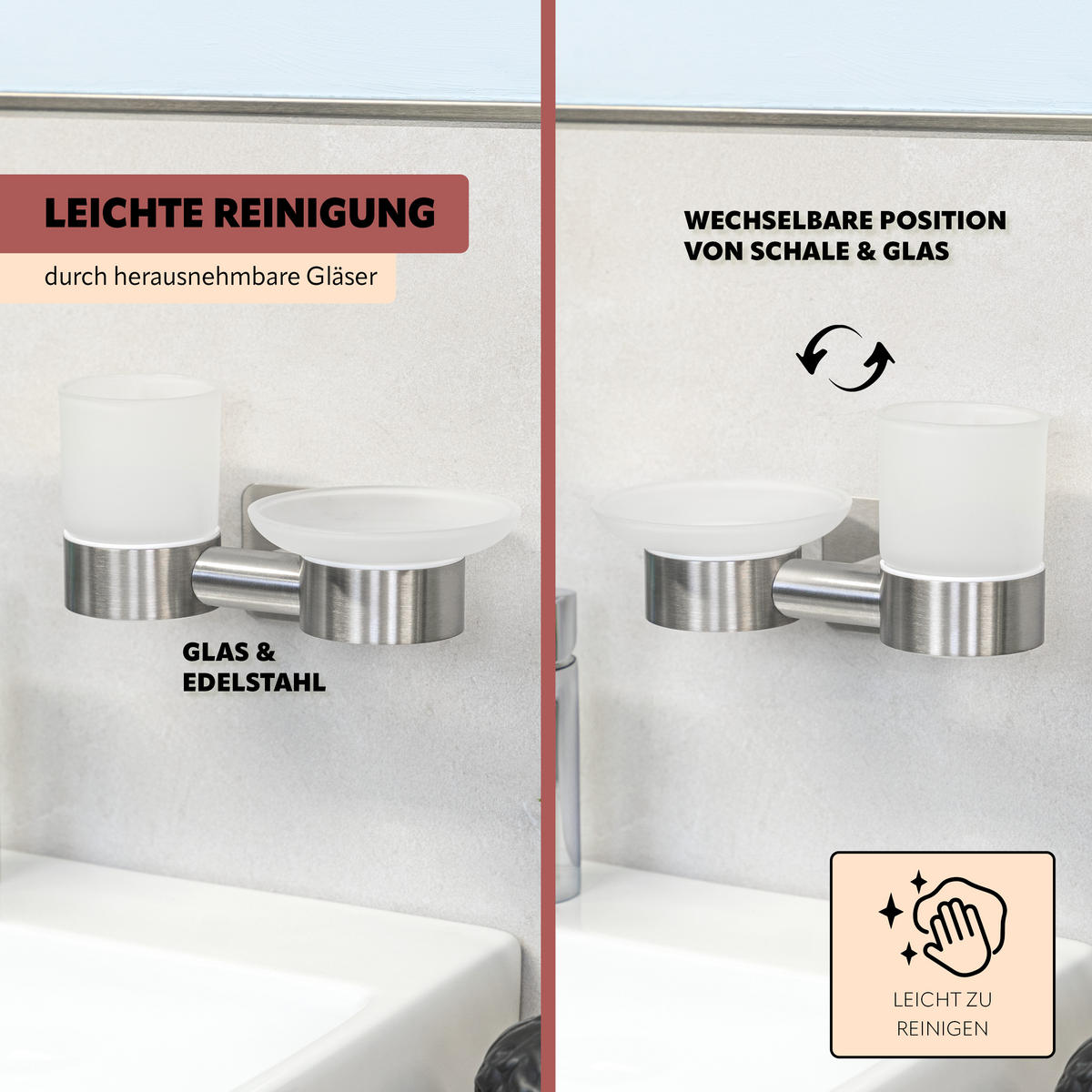 WANDHALTER PIAZZA TAPE mit Zahnputzbecher und Seifenschale, aus Glas und Edelstahl - Edelstahlfarben, Metall (20/10/13cm) - bremermann