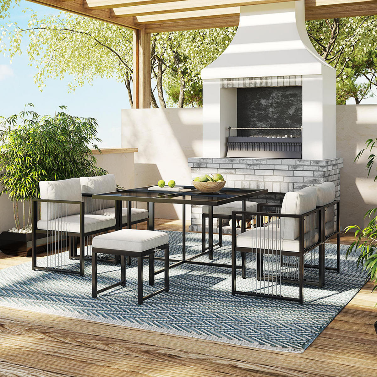 DINING-LOUNGESET für 6 Personen，schwarz - Schwarz, Metall - KOMHTOM