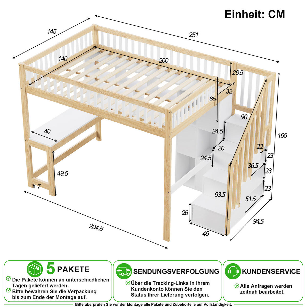 HOCHBETT 140/200 cm in Weiß & Natur mit LED, Regal und Schreibtisch - Weiß/Naturfarben, Holz/Holzwerkstoff (140/200cm) - CHICFURN