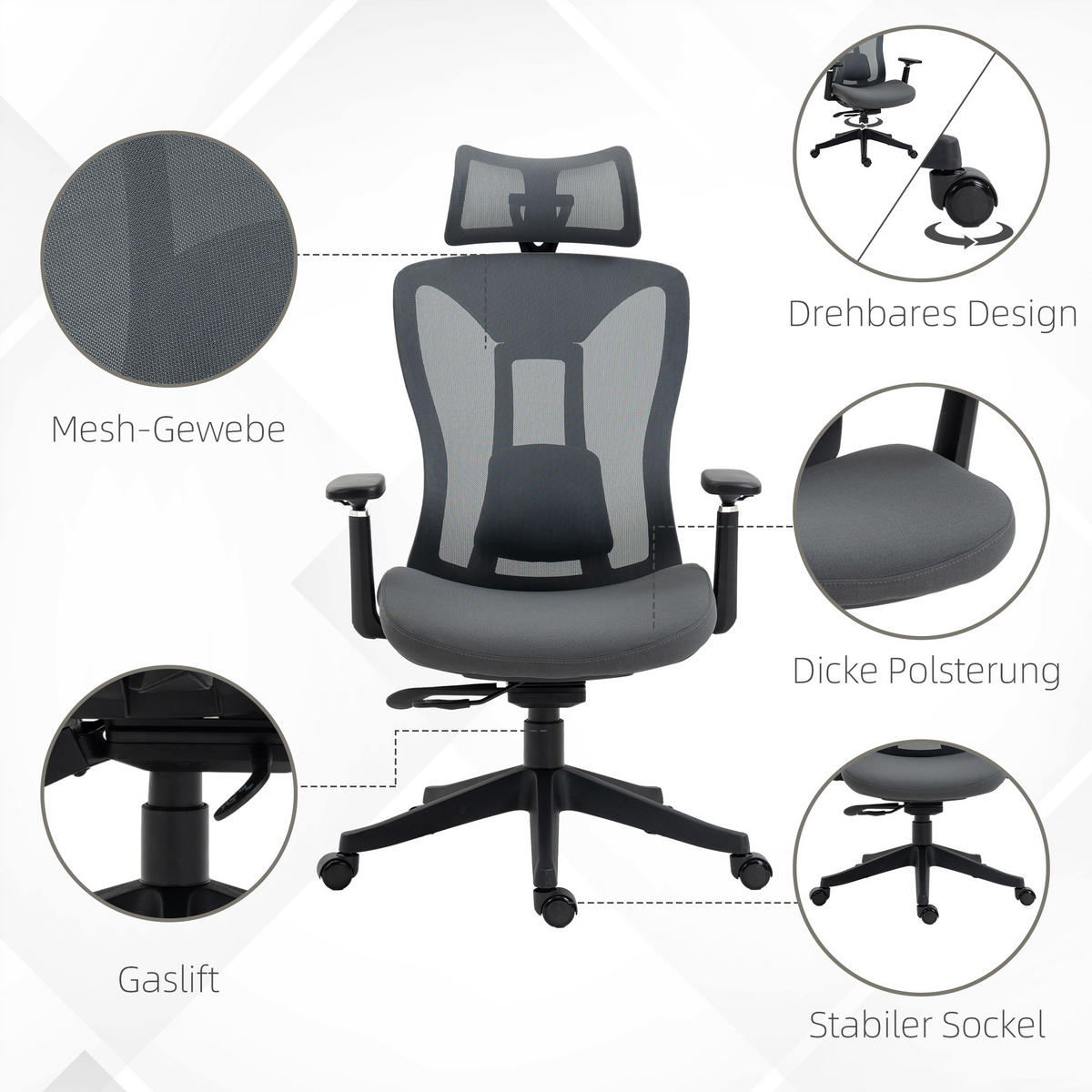 GAMINGSTUHL 70/66/120-128 cm, ergonomisch, höhenverstellbar & neigbar, gepolstert (Polyester), Grau - Grau, Kunststoff (66/128/70cm) - Redom