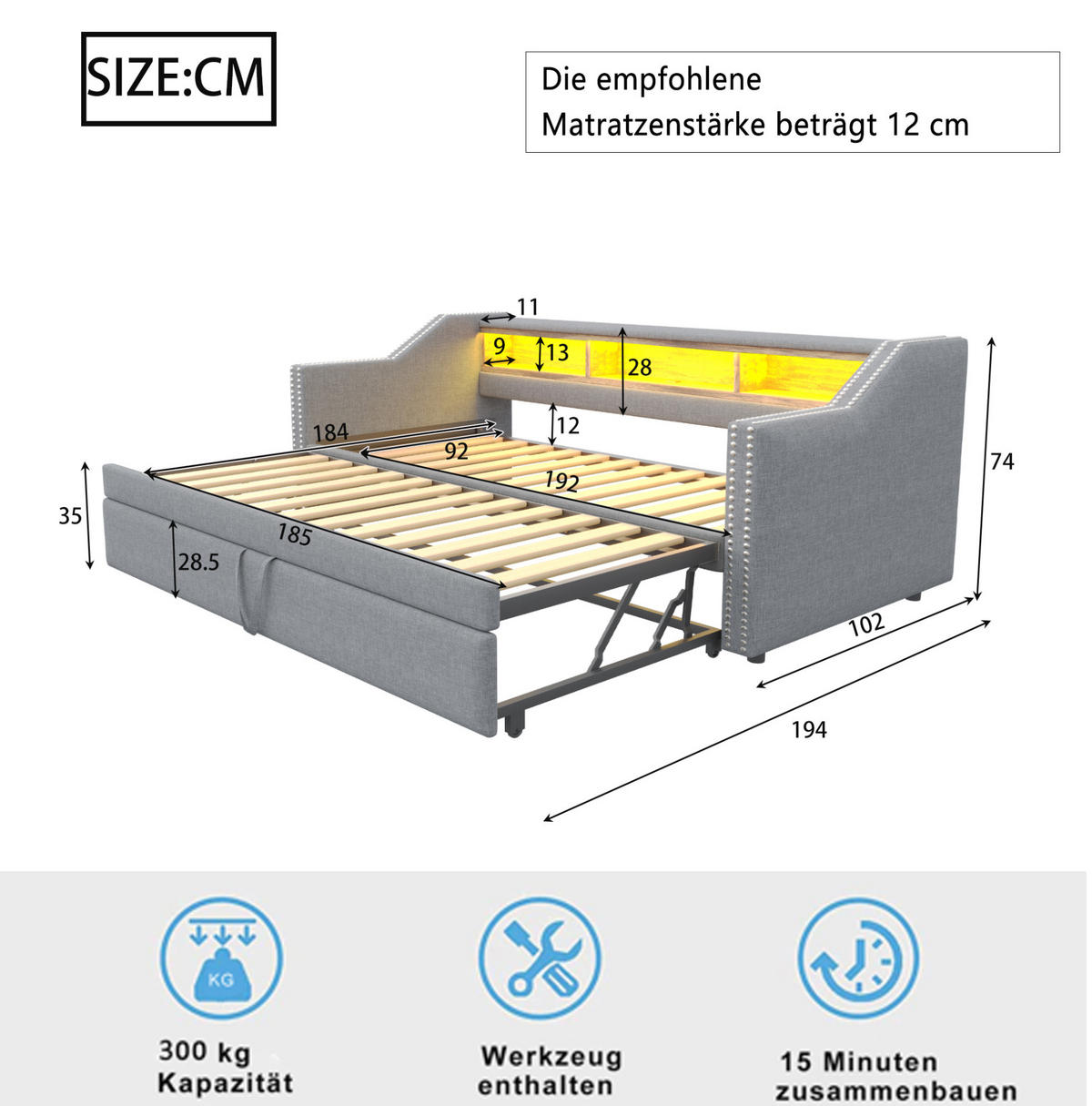 BETT aus Leinen 90/180x190 cm Hellgrau mit Ausziehbett, LED, USB und 3 Ablagefächern - Hellgrau, Textil (90/190cm) - Modfu