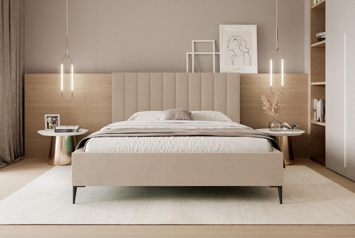 POLSTERBETT Mona SLIM III Polsterbett für Ihr Schlafzimmer in VELUTTO Stoff - 160x200 cm Beige - Beige/Schwarz, Holz/Holzwerkstoff (160/200cm) - DomoHome