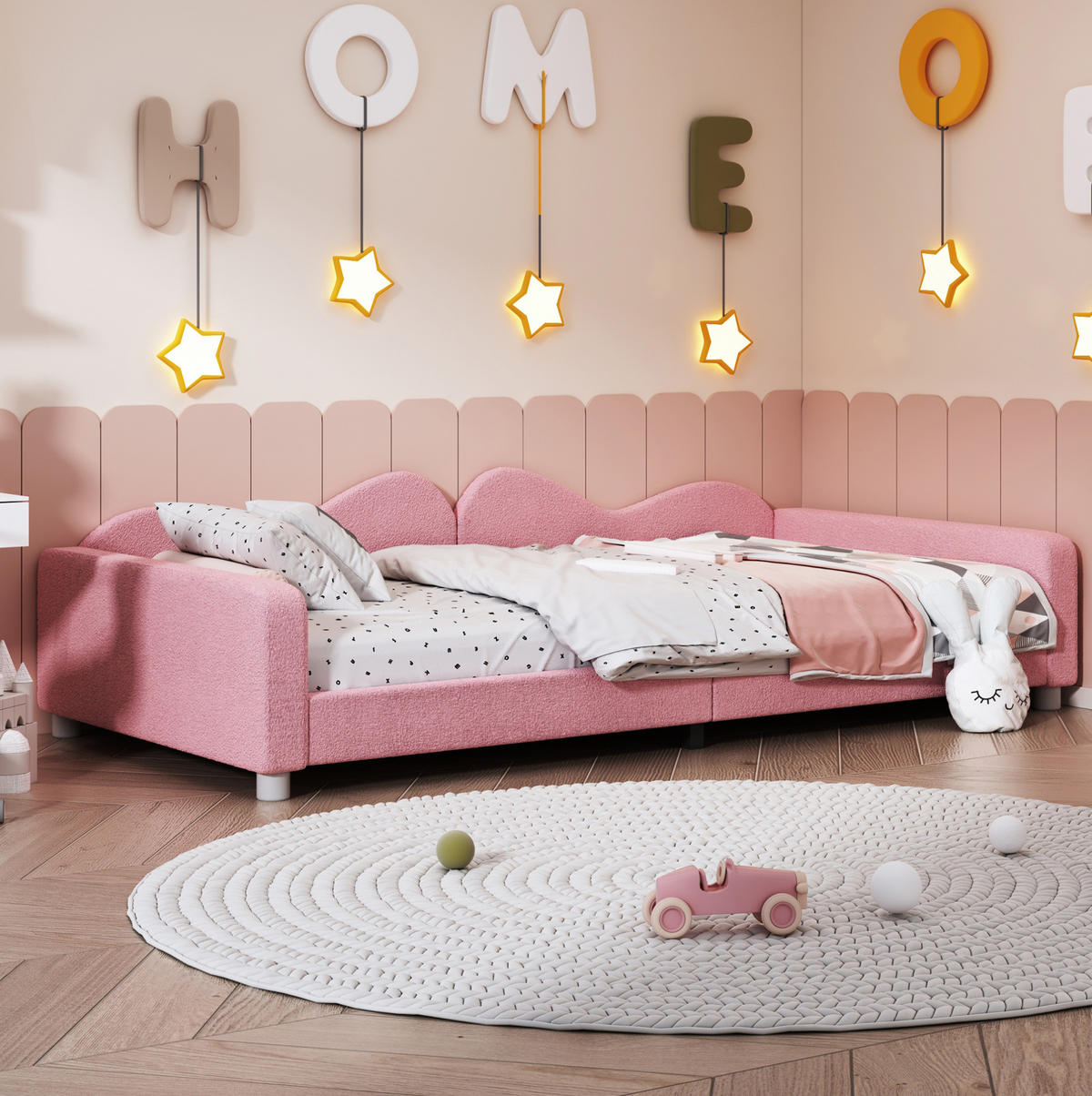 KINDERBETT 90/200 cm in Rosa mit Teddystoff und Rückenlehne - Rosa, Textil (90/200cm) - BEAOK