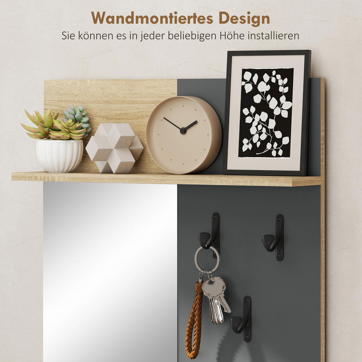 GARDEROBE Set, Garderobe mit Spiegel, Haken, Schuhbank, Ablage, Klappschublade - Schwarz/Naturfarben, Holzwerkstoff/Metall (13.5/127.5/60cm) - HOMCOM