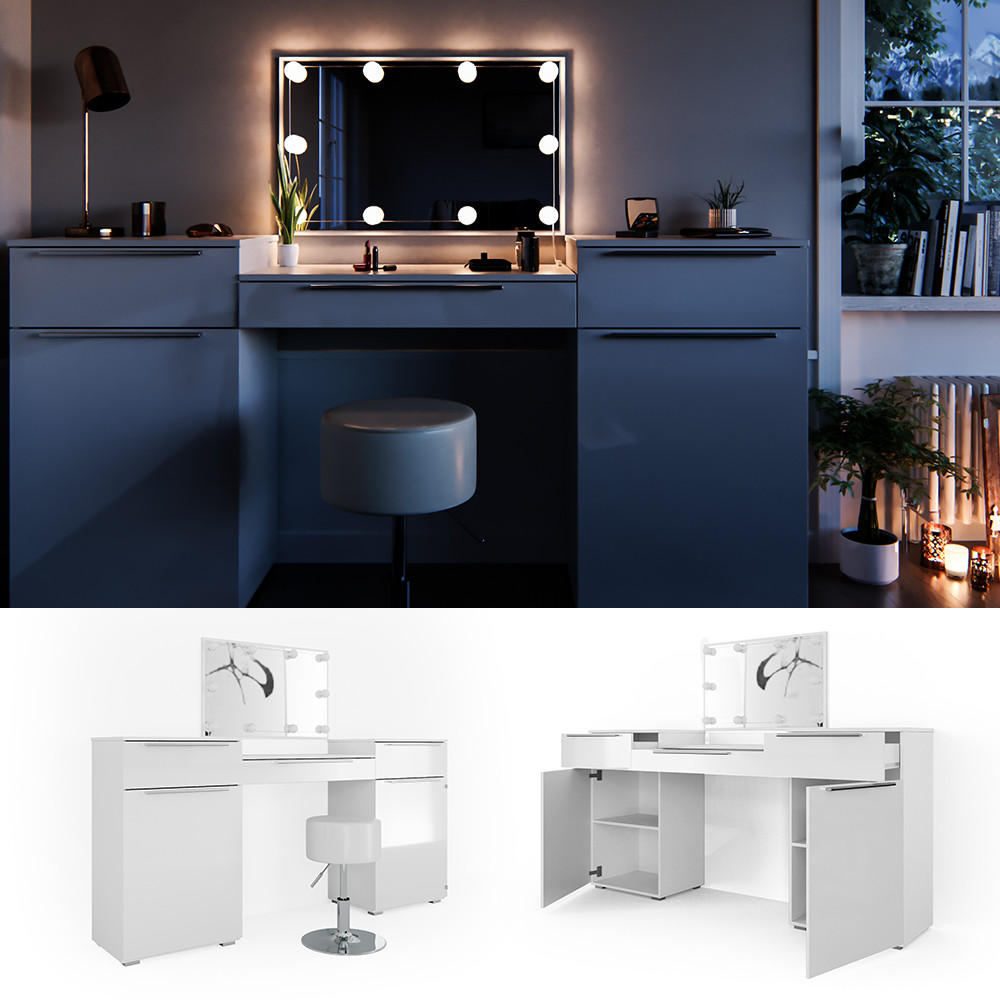 SCHMINKTISCH Lilli Weiß 190 cm mit LED Beleuchtung und Hocker - Weiß, Holzwerkstoff (190/90/39cm) - Vicco