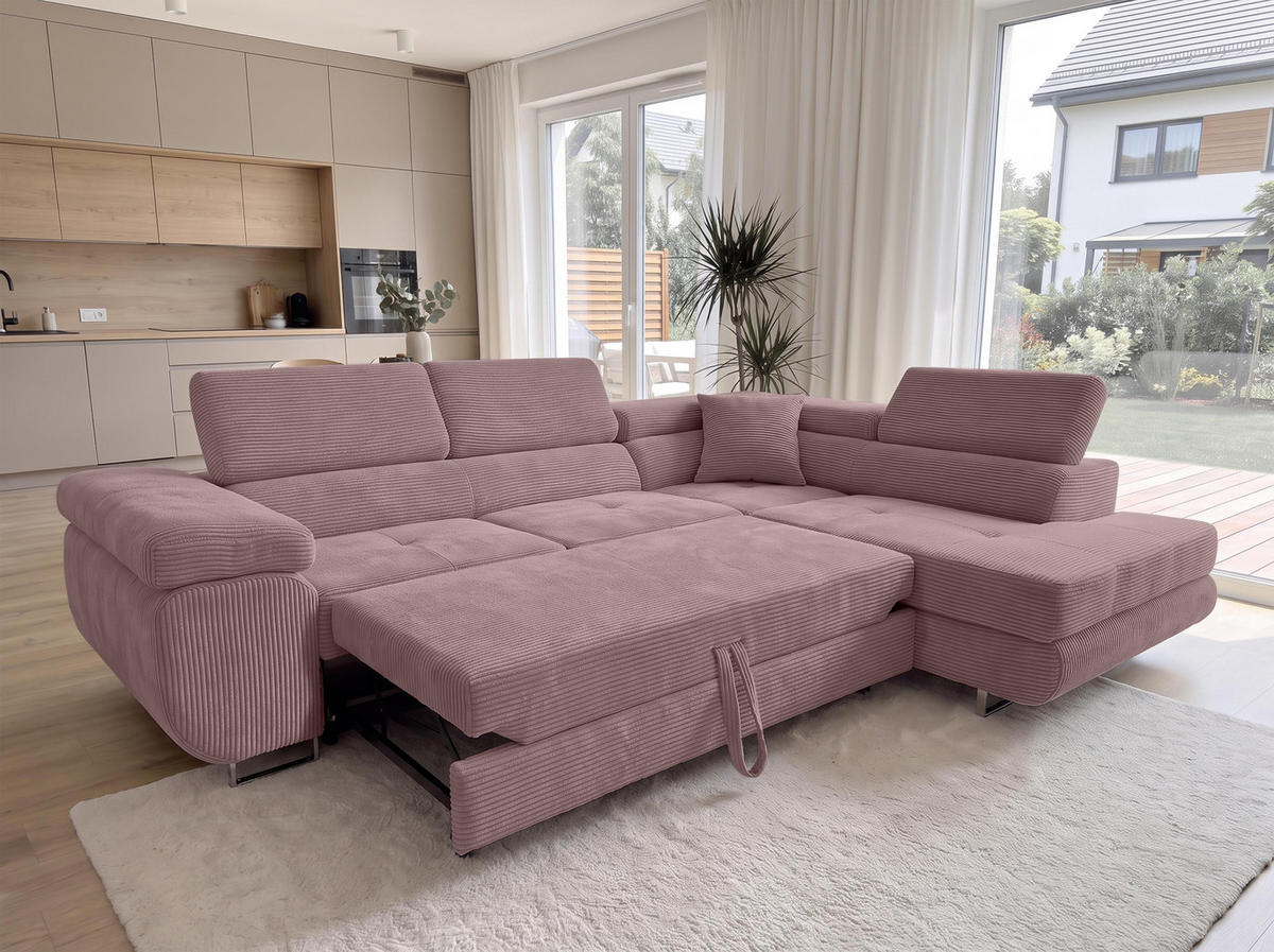 ECKSOFA L Form Konak Rosa 276/201/90 cm Rechts mit Schlaffunktion - Silberfarben/Rosa, Textil/Metall (276/203cm) - AX Living