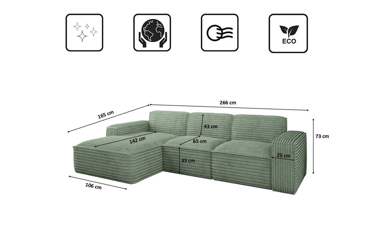 ECKSOFA L-Form Siena Stoff Velo Olive Links - Olivgrün, Holz/Kunststoff (165/266cm) - Kaiser Möbel