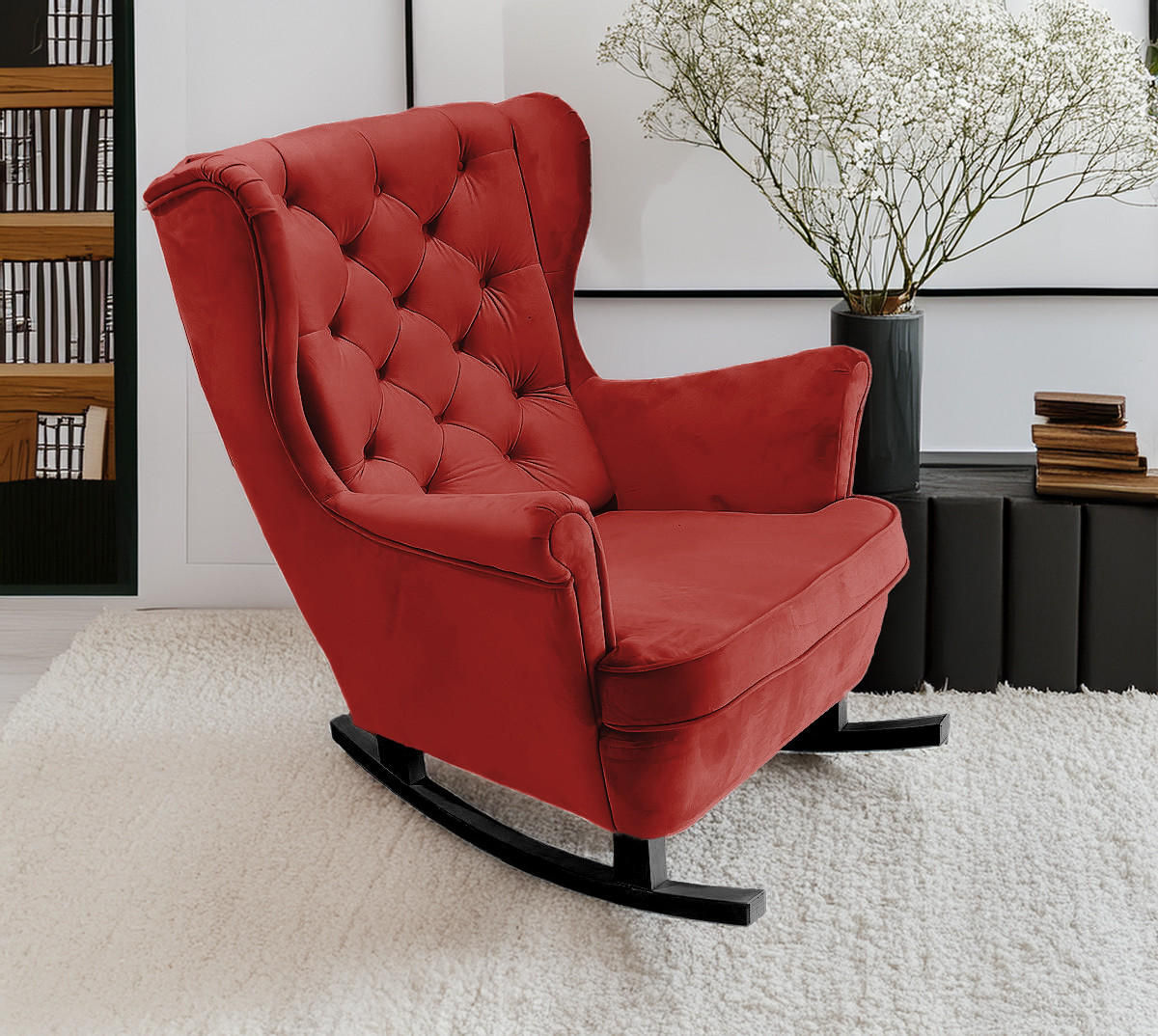 SCHAUKELSESSEL mit gepolstertem Sitz und Armlehnen, 102x81x95 cm, Burgunderrot_29834 - Schwarz/Dunkelrot, Holz/Textil (81/102/95cm) - DomoHome