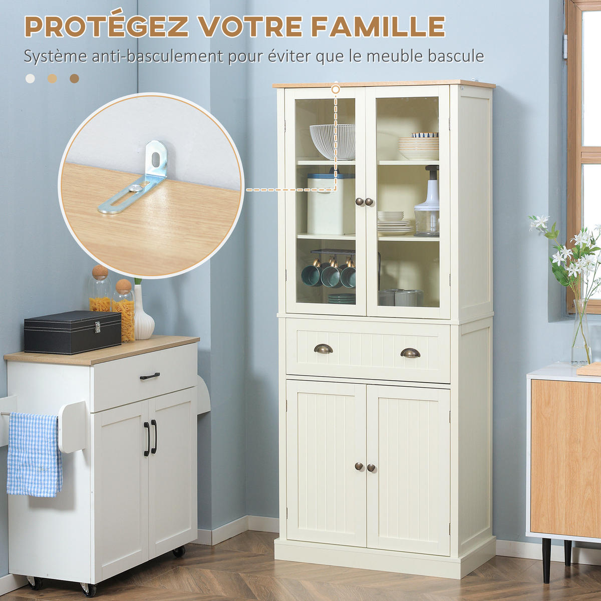 HIGHBOARD DE-11020 4 Türen (2 mit Glas) Beige - Weiß, Holzwerkstoff (40/182.5/76cm) - ComfortXL